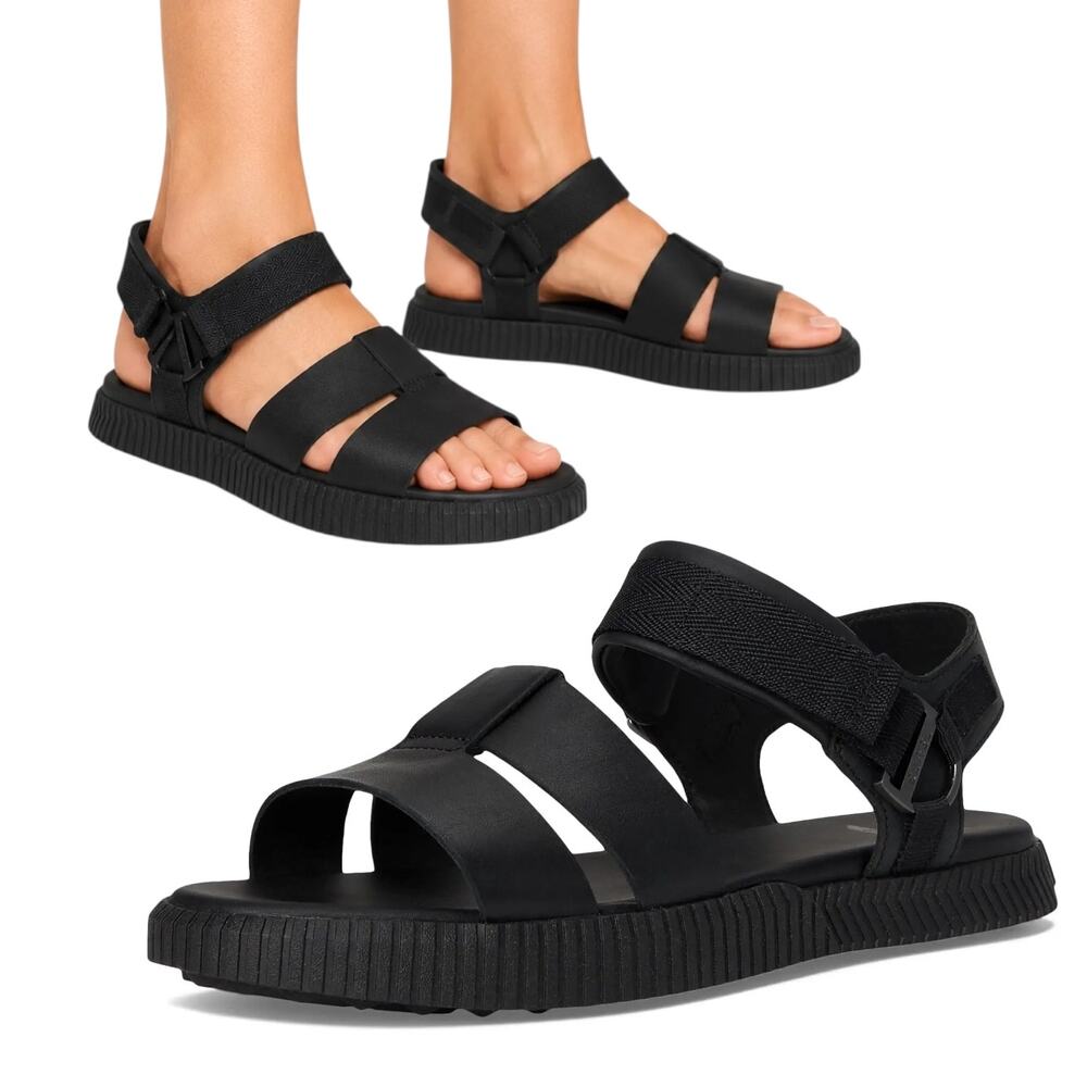 Sorel, Women's 'Ona Ave' Ankle Strap Flat Sandal, Leather, Black Size 8.5 US